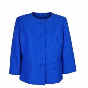 Le Suit Blazer Women Size 14 Blue 3/4 Slit Sleeve Flap Pockets 4 Button Lined